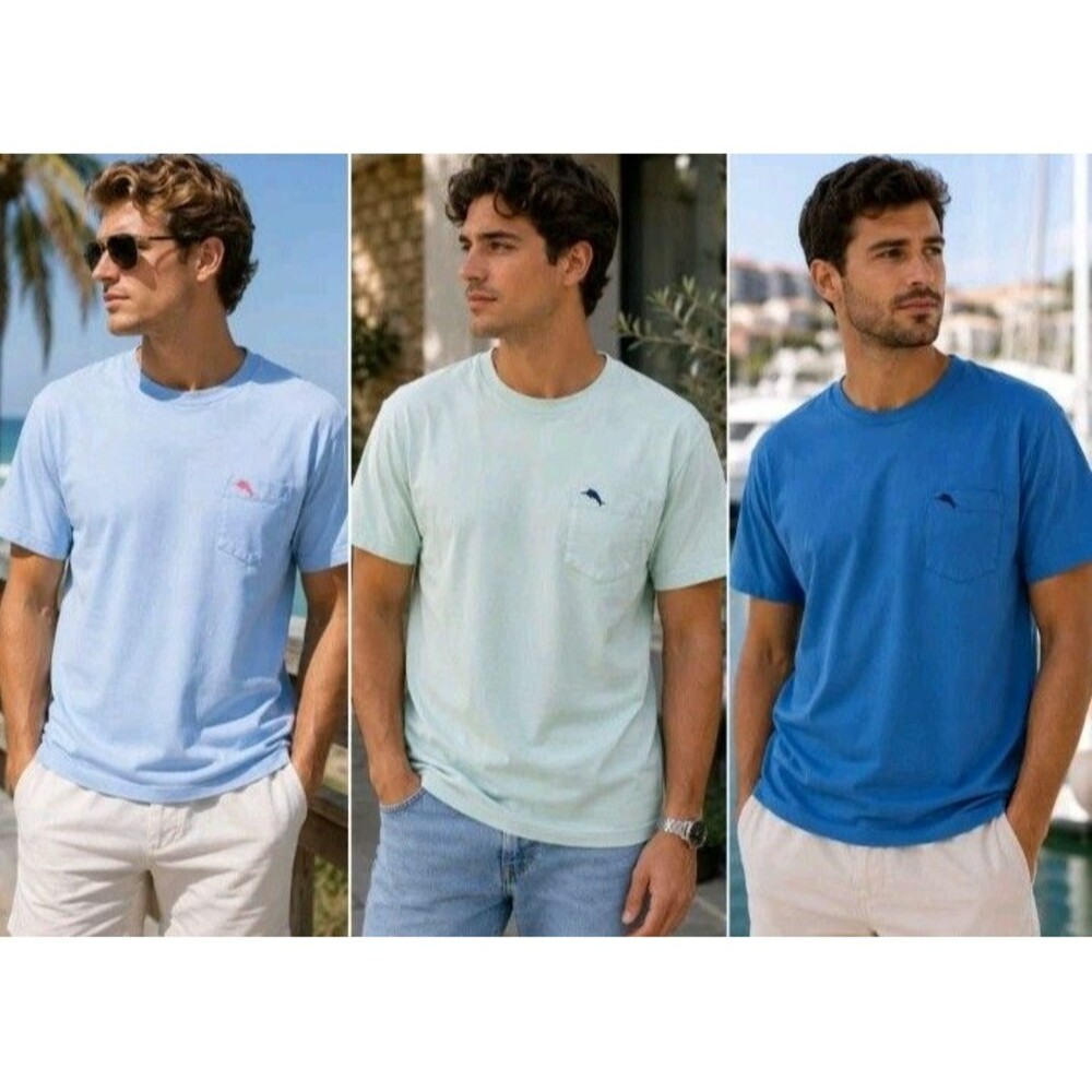 3 Tommy Bahama Shirts L Pima Cotton Pocket 3 Shades Of Blue Short Sleeve